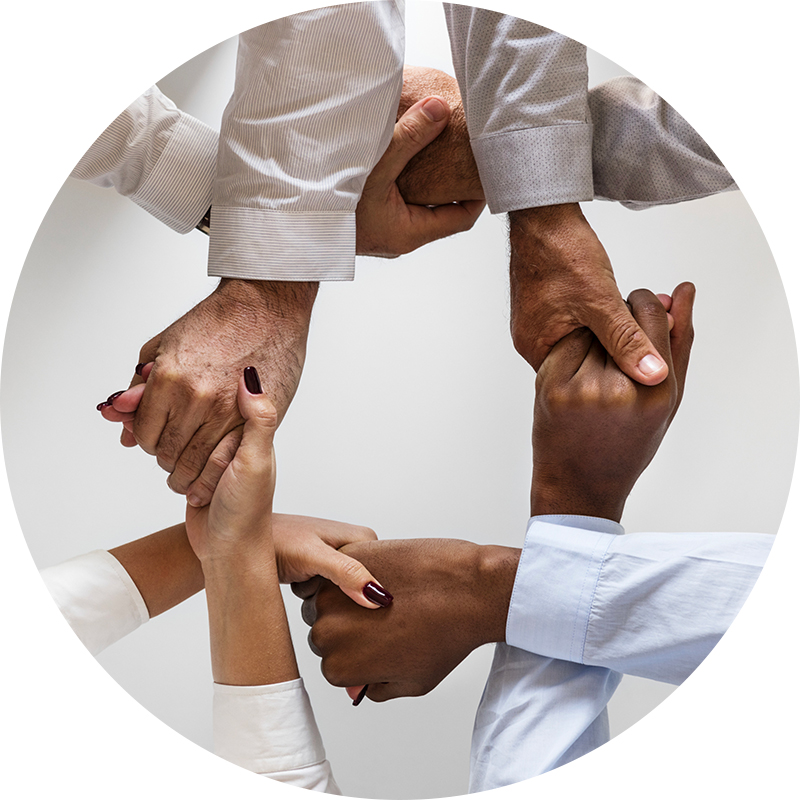 Image of many culturally diverse hands forming a circle